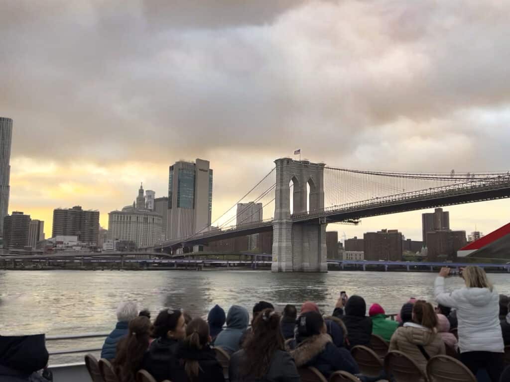 Brooklyn Bridge in New York City at sunset.