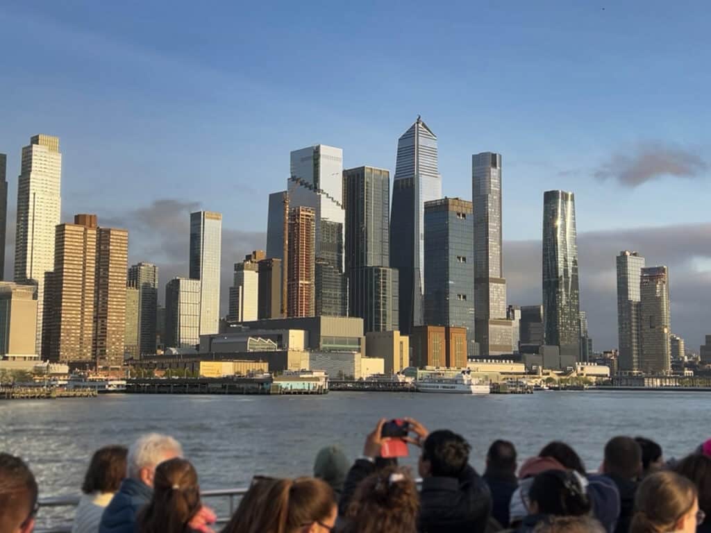 A view from a boat on the Hudson River of the skyline in midtown Manhattan. 