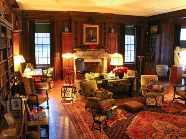 An office in Franklin D. Roosevelt's childhood home, decorated for Christmas.