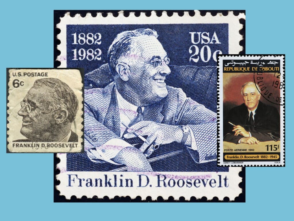 Three Franklin D. Roosevelt postage stamps.