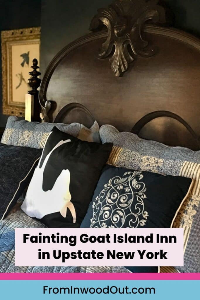 Pinterest graphic with an image of a guest room furnished with antiques at the Fainting Goat Island Inn in Nichols, NY.