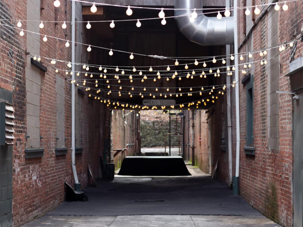 Rows of string lights hanging between two brick buildings that form a narrow passageway.