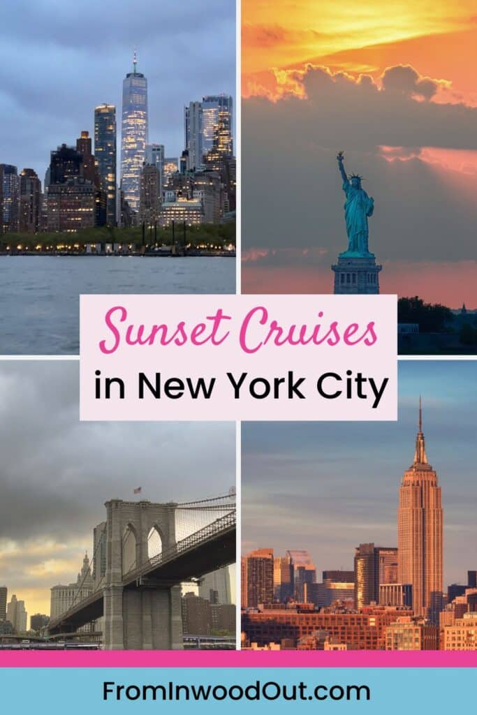 Pinterest graphic with four images of New York City landmarks at sunset: the Statue of Liberty, the Empire State Building, the Brooklyn Bridge, and One World Trade. 