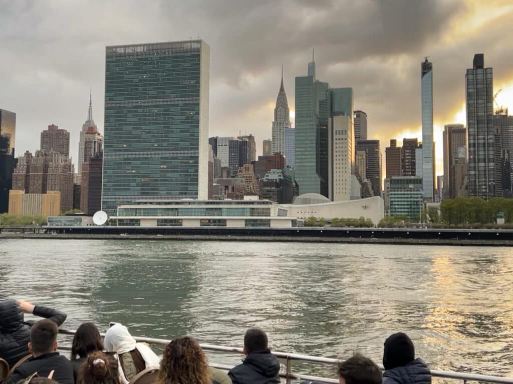 View from a boat on the East River of the United Nations in New York City.