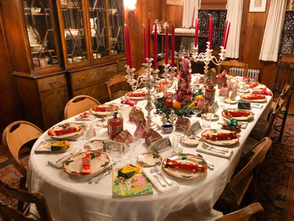 A dining room table set for a Christmas meal inside the Eleanor Roosevelt National Historic Site.