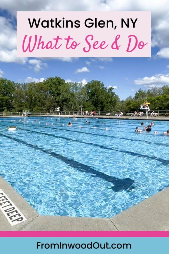 Pinterest graphic with an image of a few people swimming in a large public pool. 