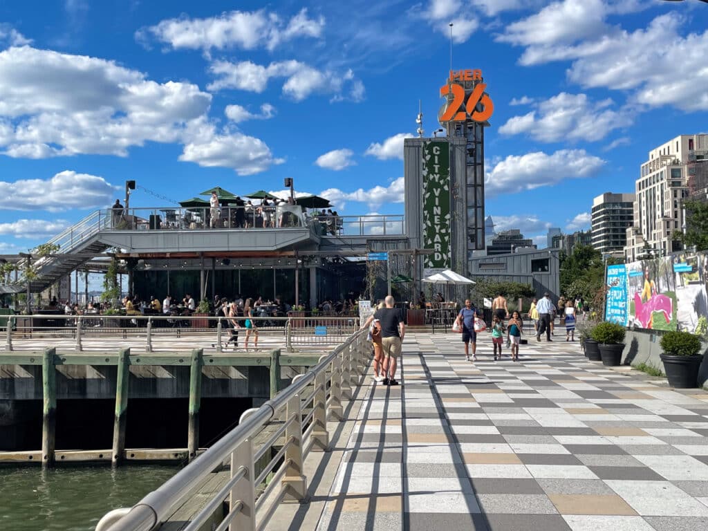 View from a distance of City Vineyard at Pier 26 on the Hudson River in New York City.