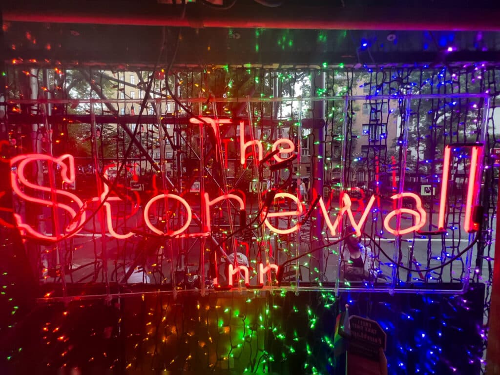 Colorful digital sign for The Stonewall Inn in New York City.