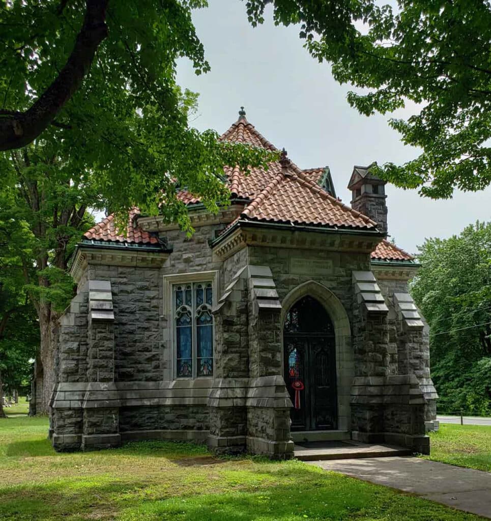Gothic mausoleum in a cemetery.