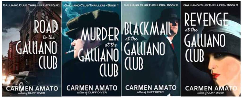 Graphic showing four novels from the same series. The novels are: Road to the Galliano Club, Murder at the Galliano Club, Blackmail at the Galliano Club, and Revenge at the Galliano Club.