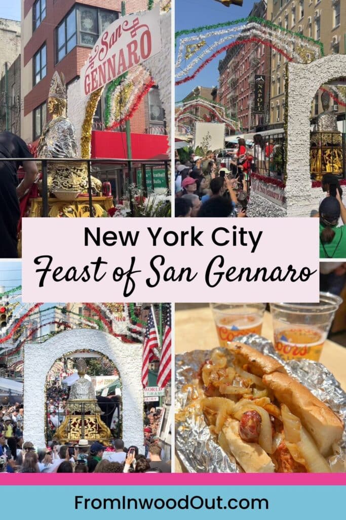 Pinterest graphic with four images of the Feast of San Gennaro in Little Italy, New York City.
