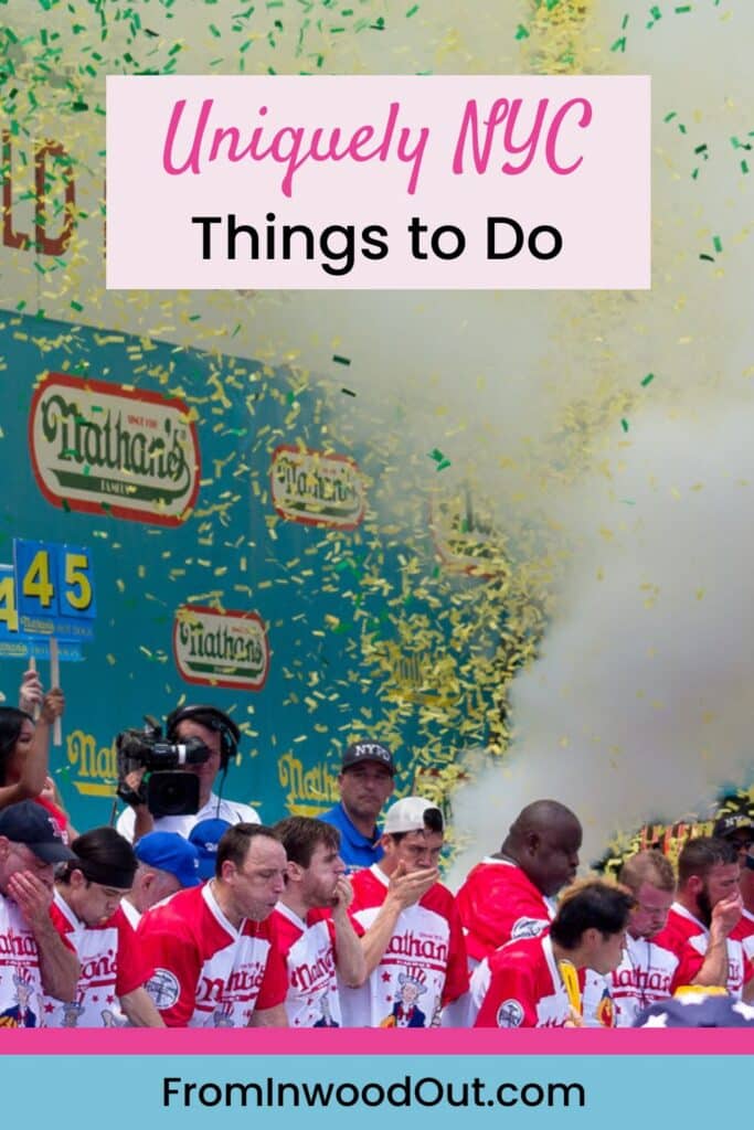 Pinterest graphic with an image of the men's hot dog eating contest in progress in New York City.
