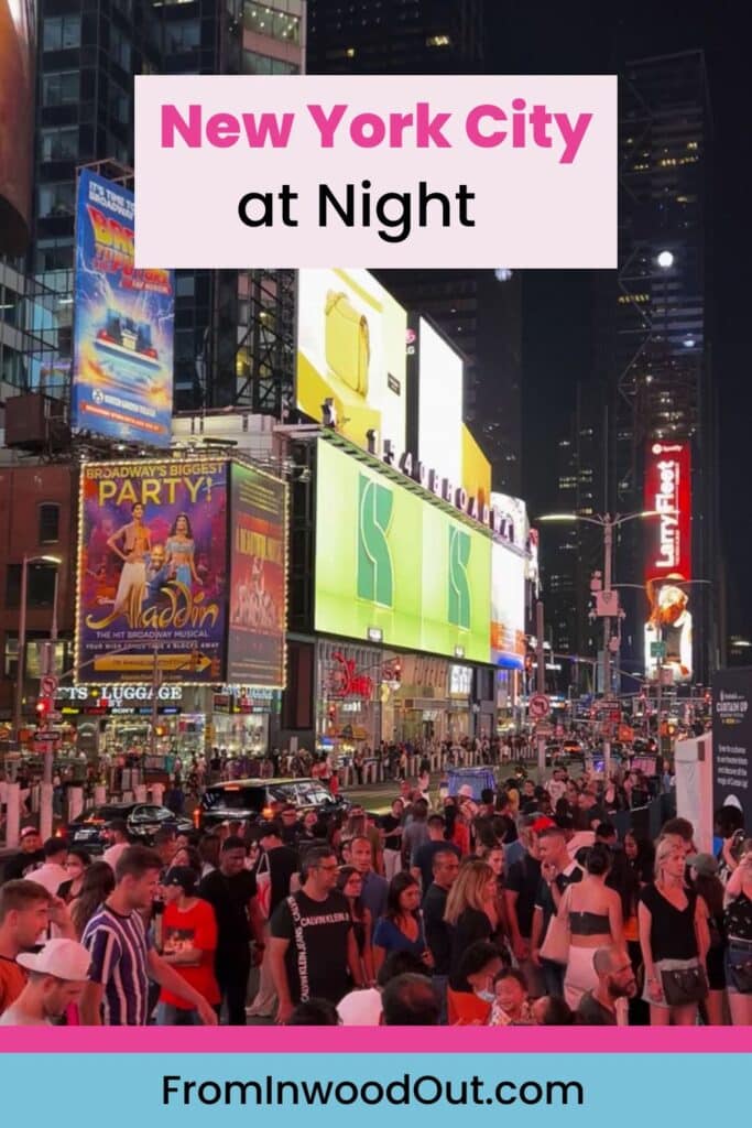 Crowds of people surrounded by brightly lit digital signs in Times Square, New York City, at night.