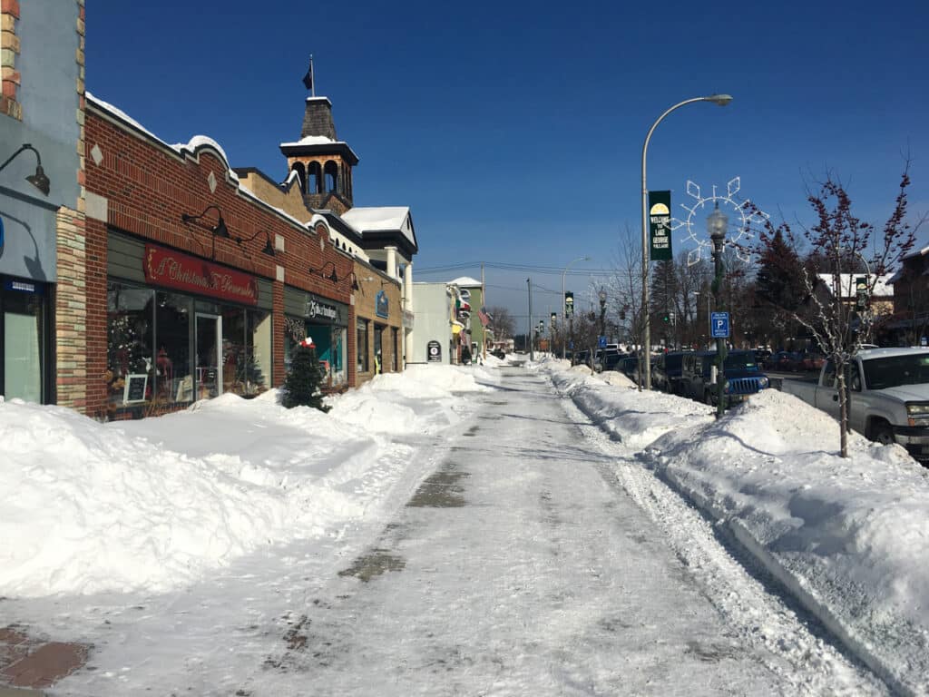 Plowed sidewalk after a snowstorm in downtown Lake George, NY.