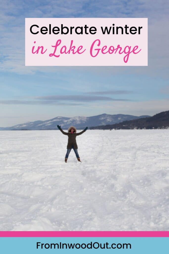 Pinterest graphic with a photo of a person standing on a frozen, snow-covered lake.
