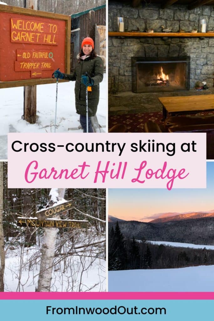 Pinterest graphic with four images: sunset over the mountains on a snowy landscape, a cross-country ski trail, a woman on cross-country skis, and a fire in a stone fireplace. 