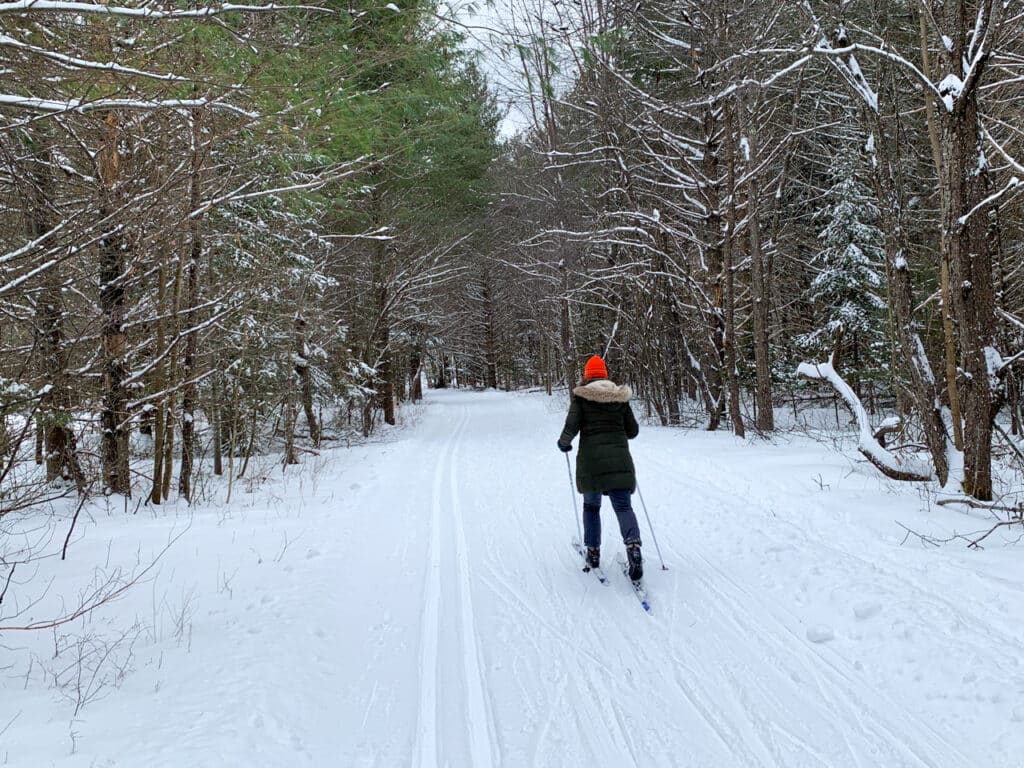 Woman seen from behind cross-country skiing on a groomed path in the woods. 