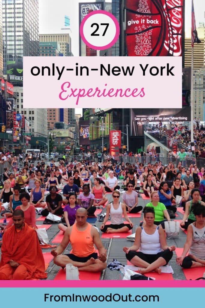 Pinterest graphic with an image of hundreds of people doing yoga in Times Square in New York City.