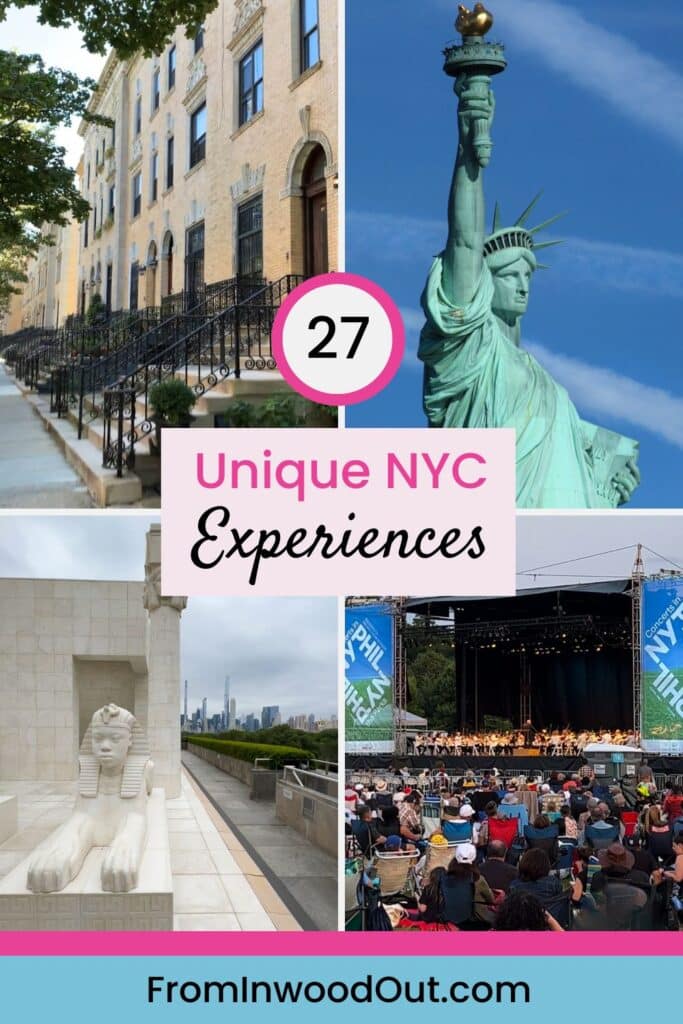 Pinterest graphic with four images of New York City: the Statue of Liberty, an audience watching the New York Philharmonic in a park, an exhibit on the Met rooftop, and a row of townhomes in Harlem. 