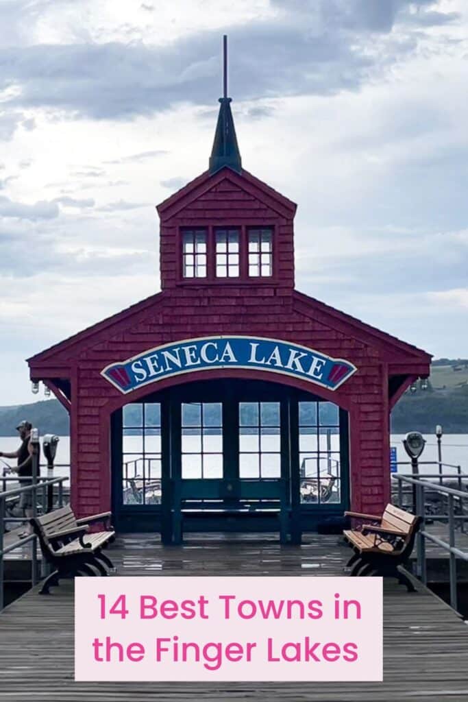 Pinterest graphic with an image of a small building at the end of a pier that overlooks Seneca Lake in Watkins Glen, NY.