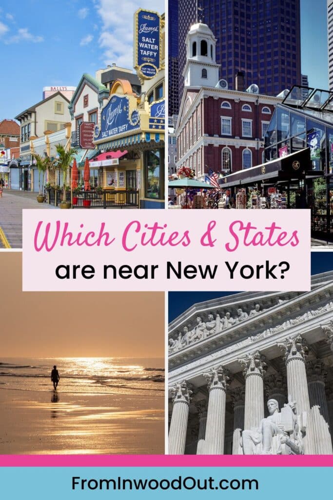 Pinterest graphic with four images: the boardwalk in Atlantic City, NJ, Faneuil Hall in Boston, MA, the Supreme Court building in Washington, D.C., and the Jersey Shore at sunset.